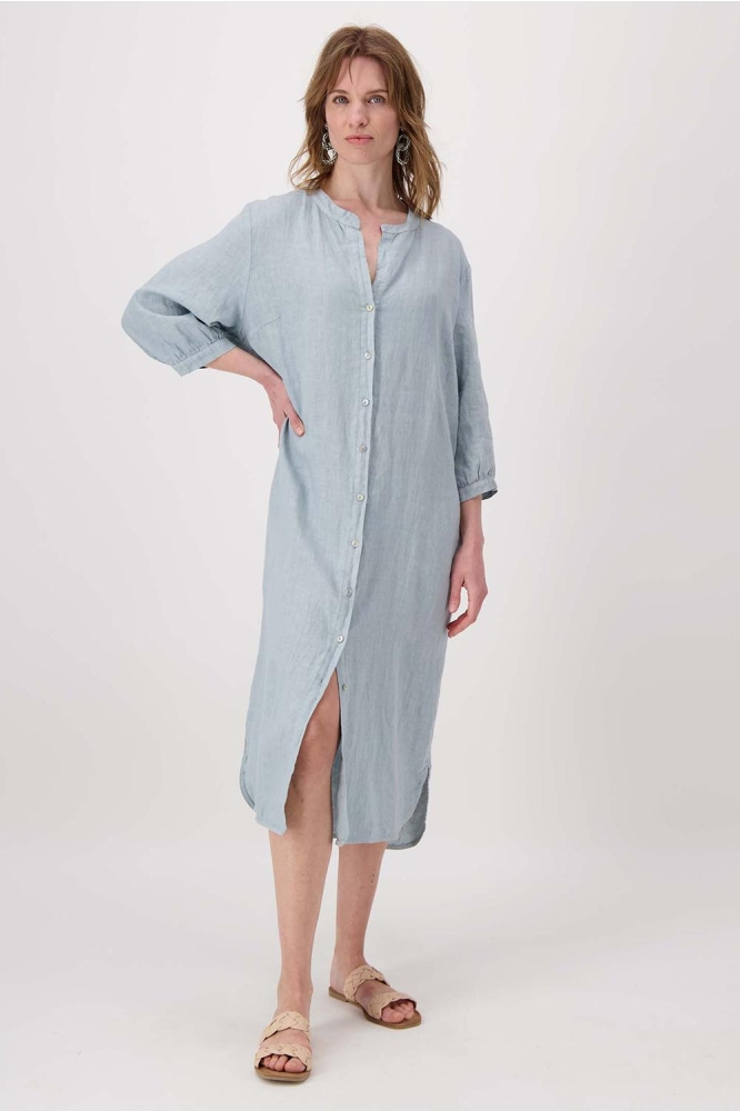 LANGE LINNEN DOORKNOOP JURK 0301 098 2014 VERGRIJSD BLAUW